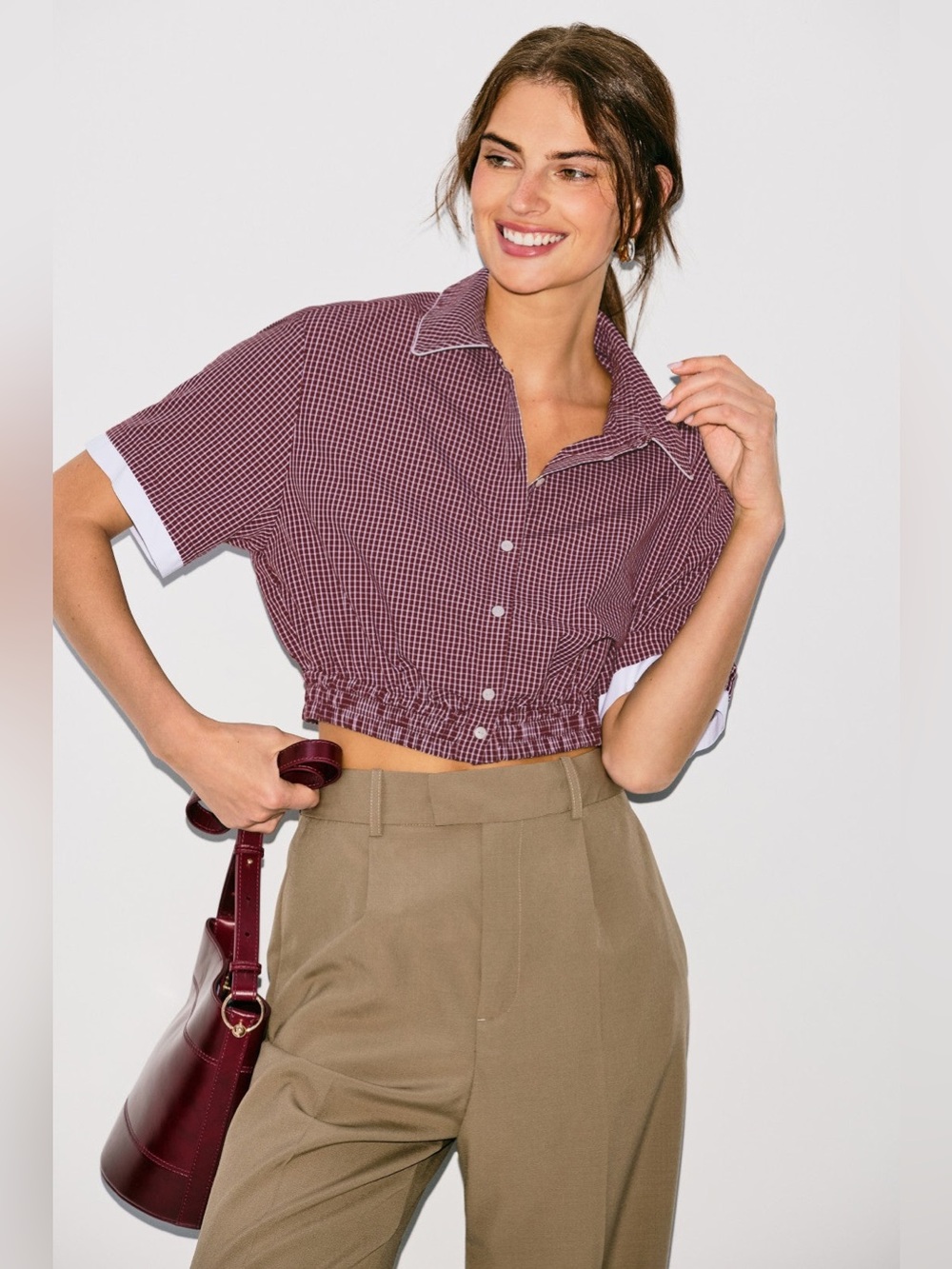 CLAUDIE PIERLOT Cotton Check Cropped Shirt Size 36 (US 4) Wine Colorway